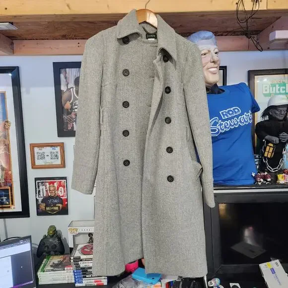 J.Crew Wool Blend Double-Breasted Coat Sz 2 – Gray Long Winter Jacket w/ Belt - Picture 2 of 11